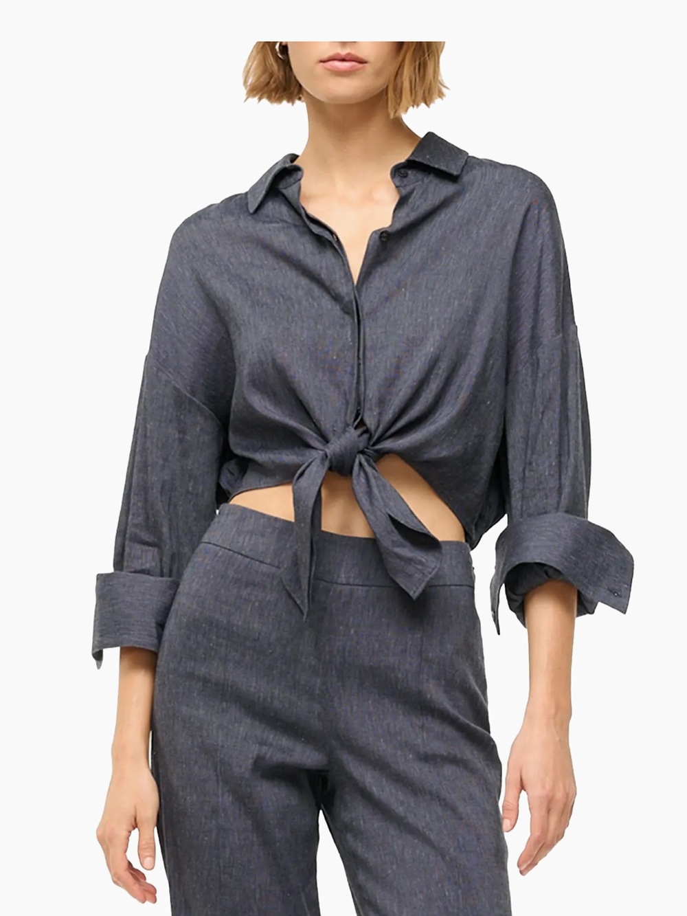 Staud Lisa Linen Front Button-Up Top in Dark Denim